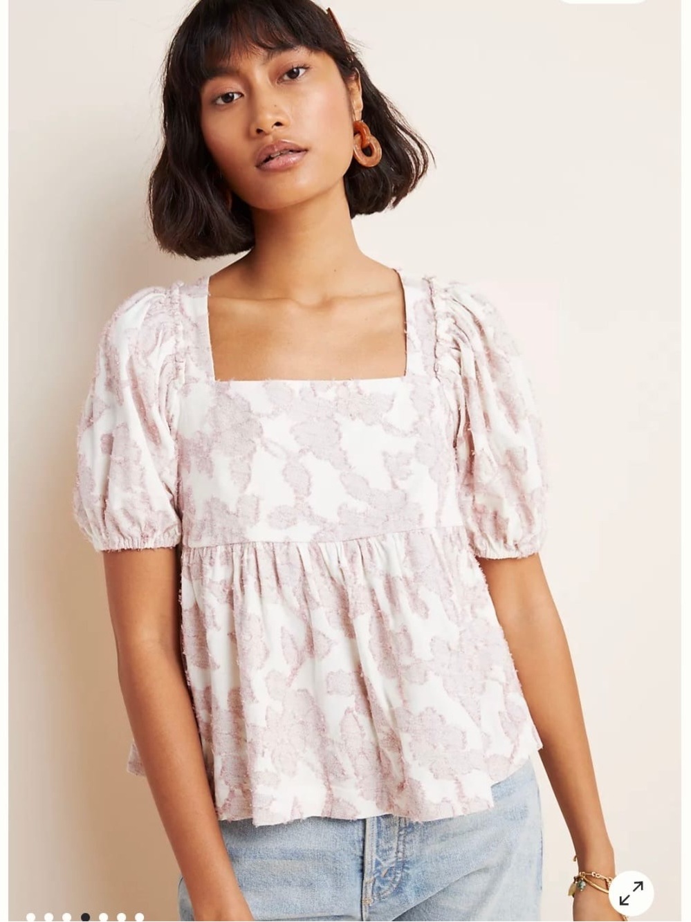 Maeve Cream and Dusty Pink Floral Square-Neck Babydoll Top